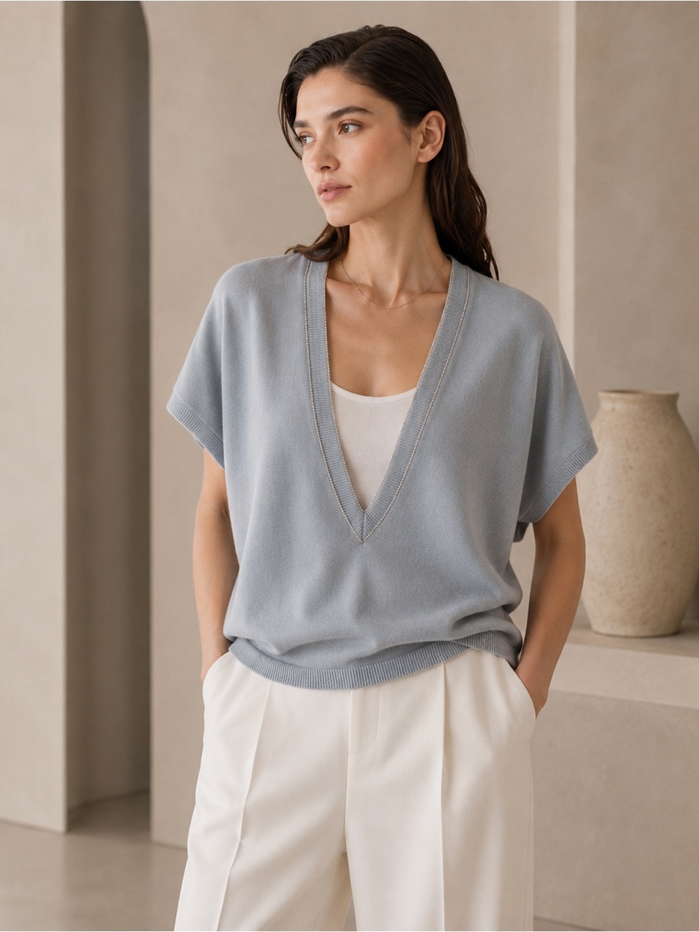 Brunello Cucinelli Light Blue Cashmere Top